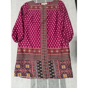 LOFT Womens Small Petite Burgundy Geometric Tribal Print Boho Shift Dress SP